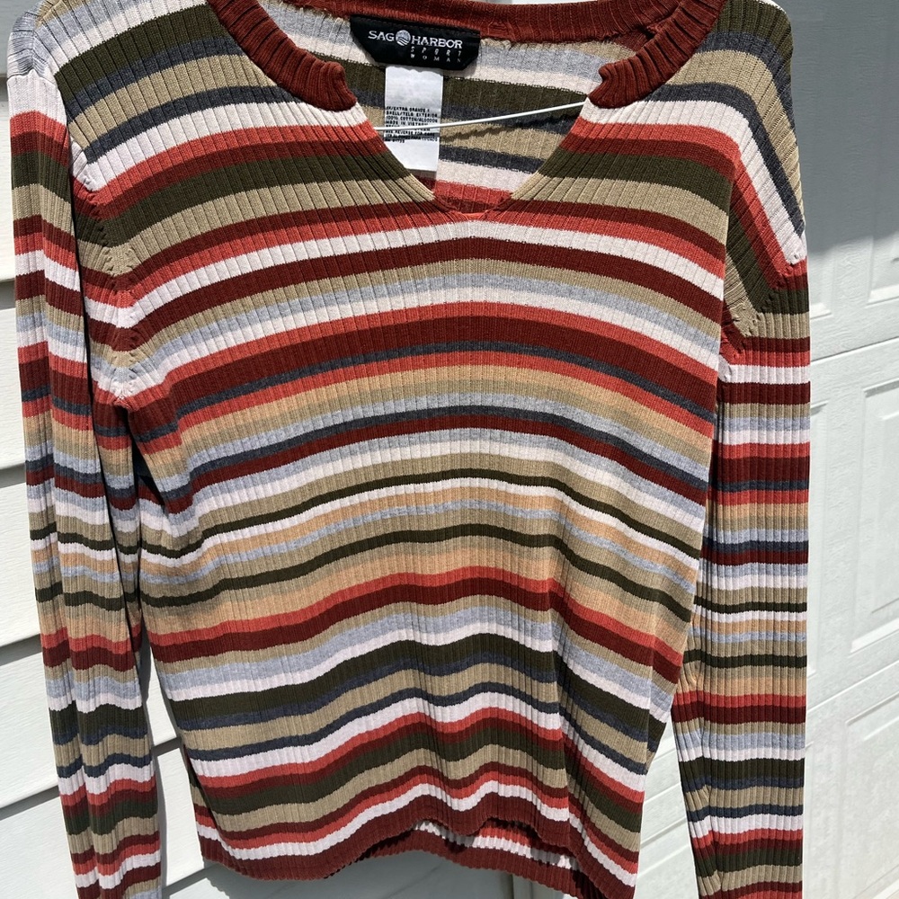 v cut striped sweater shirt 1x fall colors sag harbor - Picture 2 of 4